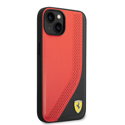 Apple iPhone 14 Kılıf Ferrari Orjinal Lisanslı Metal Logolu Deri Delikli Dikişli Dizayn Kapak Kırmızı