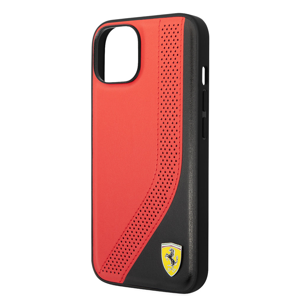 Apple iPhone 14 Kılıf Ferrari Orjinal Lisanslı Metal Logolu Deri Delikli Dikişli Dizayn Kapak Kırmızı
