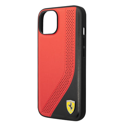 Apple iPhone 14 Kılıf Ferrari Orjinal Lisanslı Metal Logolu Deri Delikli Dikişli Dizayn Kapak Kırmızı