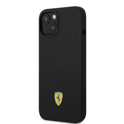 Apple iPhone 14 Kılıf Ferrari Orjinal Lisanslı Silikon Metal Logo Dizayn Kapak Siyah