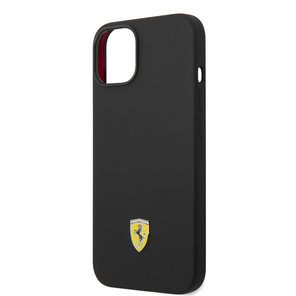 Apple iPhone 14 Kılıf Ferrari Orjinal Lisanslı Silikon Metal Logo Dizayn Kapak Siyah