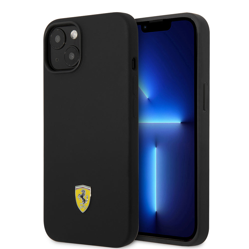 Apple iPhone 14 Kılıf Ferrari Orjinal Lisanslı Silikon Metal Logo Dizayn Kapak Siyah