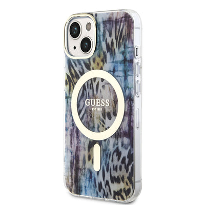 Apple iPhone 14 Kılıf GUESS Magsafe Şarj Özellikli Leopar Desenli Kapak Pembe