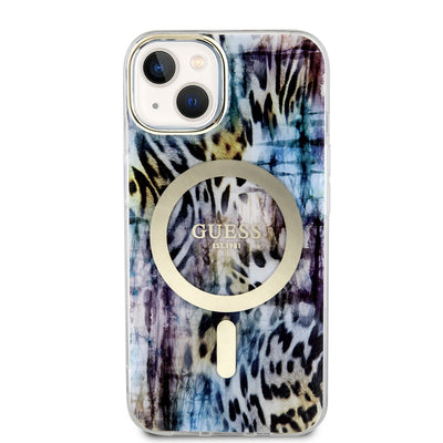 Apple iPhone 14 Kılıf GUESS Magsafe Şarj Özellikli Leopar Desenli Kapak Pembe