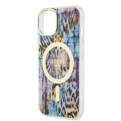Apple iPhone 14 Kılıf GUESS Magsafe Şarj Özellikli Leopar Desenli Kapak Pembe