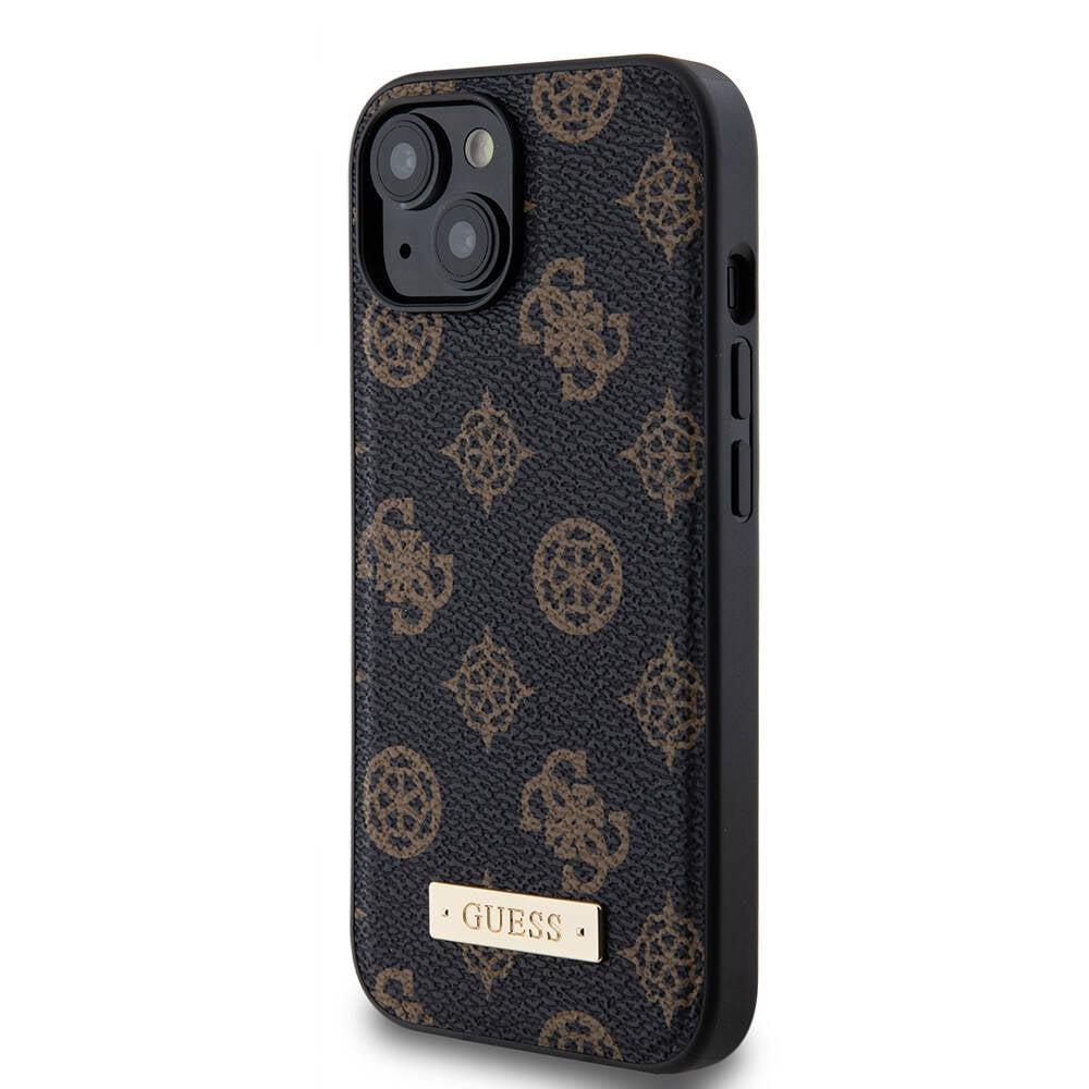 iPhone 14 Kılıf Guess M-safe Şarj Özellikli PU Deri Desenli Metal Plaka Logolu Kılıf