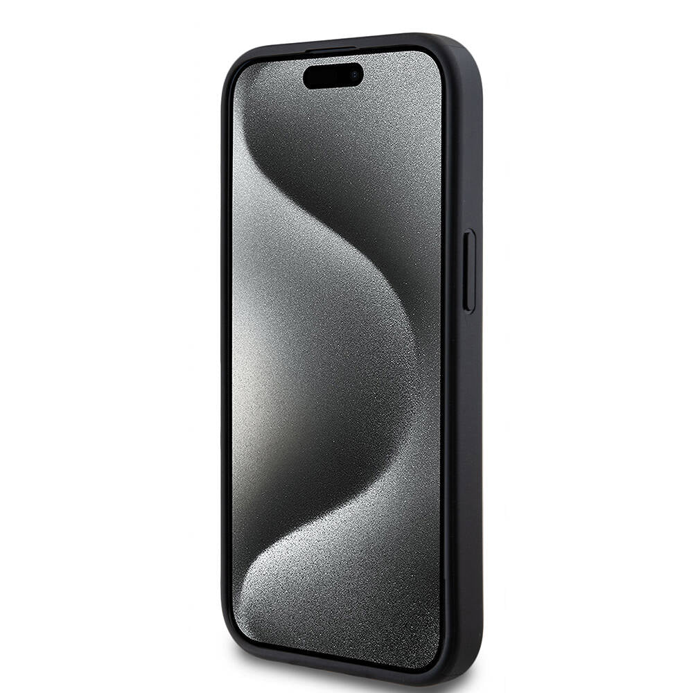 iPhone 14 Kılıf Guess M-safe Şarj Özellikli PU Deri Desenli Metal Plaka Logolu Kılıf