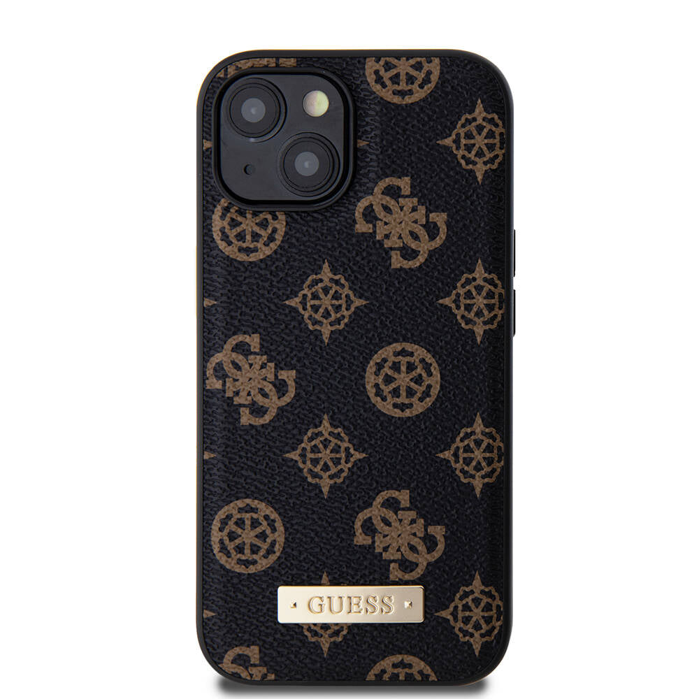 iPhone 14 Kılıf Guess M-safe Şarj Özellikli PU Deri Desenli Metal Plaka Logolu Kılıf