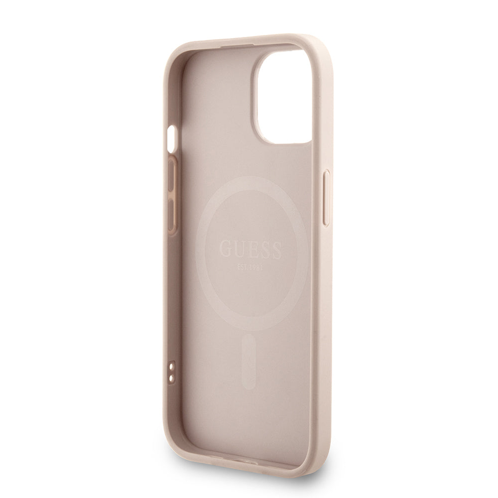 iPhone 14 Kılıf Guess Orjinal Lisanslı M-safe Şarj Özellikli PU Deri Bilek Askı İpli Yazı Logolu Kılıf
