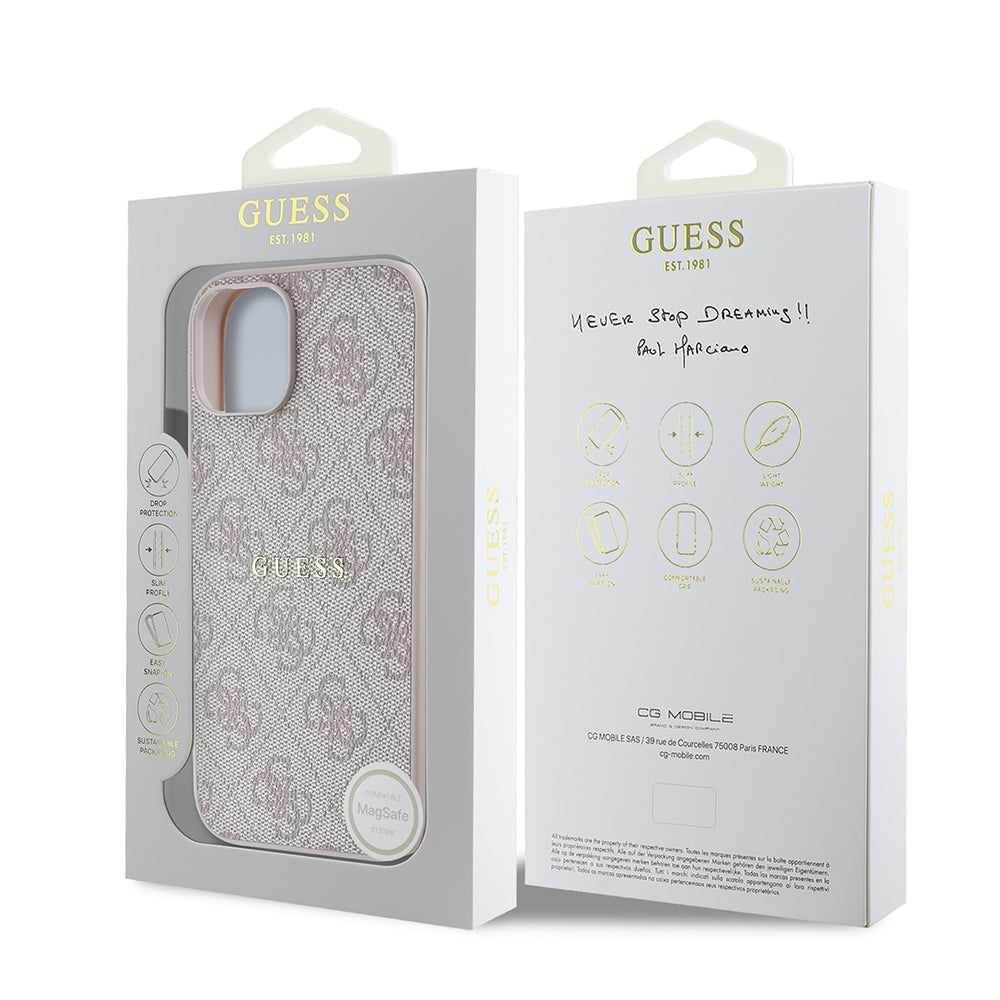 Apple iPhone 14 Kılıf Guess Orjinal Lisanslı Magsafe Şarj Özellikli 4G Desen Yazı Logolu Kapak Pembe