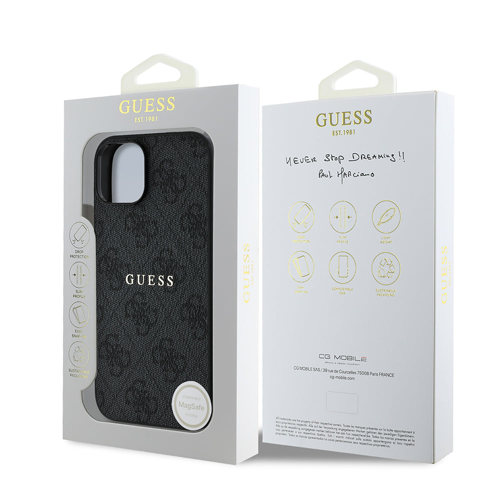 Apple iPhone 14 Kılıf Guess Orjinal Lisanslı Magsafe Şarj Özellikli 4G Desen Yazı Logolu Kapak Siyah