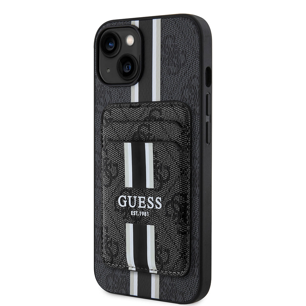 Apple iPhone 14 Kılıf Guess Orjinal Lisanslı M-safe Şarj Özellikli 4G Desenli Çizgili Kartlıklı Kapak Kahverengi