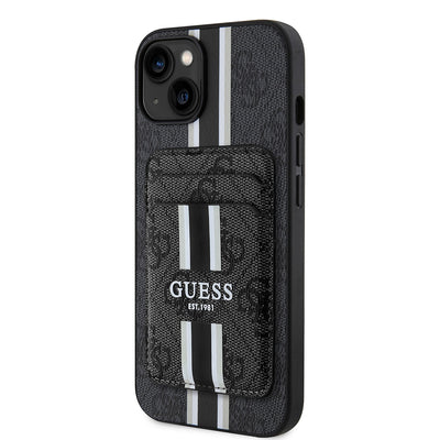 Apple iPhone 14 Kılıf Guess Orjinal Lisanslı M-safe Şarj Özellikli 4G Desenli Çizgili Kartlıklı Kapak Kahverengi