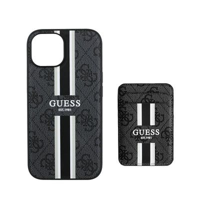 Apple iPhone 14 Kılıf Guess Orjinal Lisanslı M-safe Şarj Özellikli 4G Desenli Çizgili Kartlıklı Kapak Kahverengi