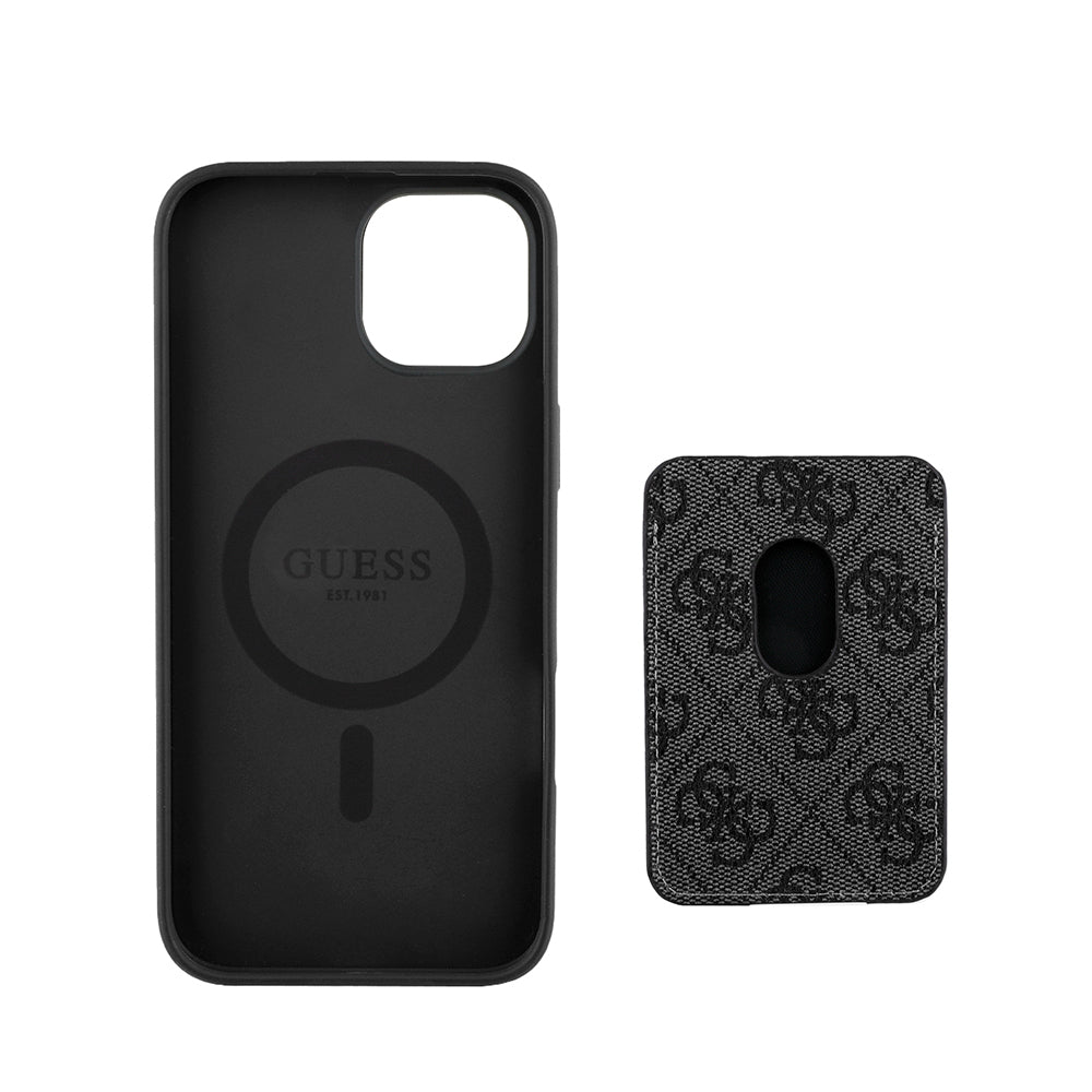 Apple iPhone 14 Kılıf Guess Orjinal Lisanslı M-safe Şarj Özellikli 4G Desenli Çizgili Kartlıklı Kapak Kahverengi