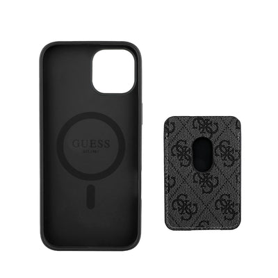 Apple iPhone 14 Kılıf Guess Orjinal Lisanslı M-safe Şarj Özellikli 4G Desenli Çizgili Kartlıklı Kapak Kahverengi