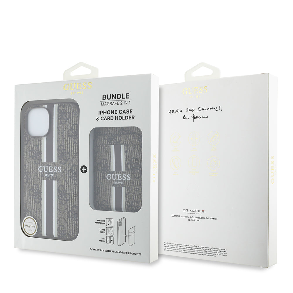 iPhone 14 Kılıf Guess Orjinal Lisanslı M-safe Şarj Özellikli 4G Desenli Çizgili Kartlıklı Kılıf