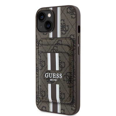 Apple iPhone 14 Kılıf Guess Orjinal Lisanslı M-safe Şarj Özellikli 4G Desenli Çizgili Kartlıklı Kapak Kahverengi