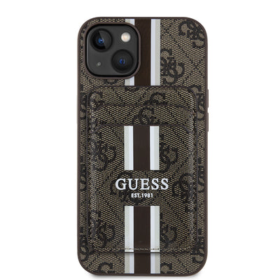 Apple iPhone 14 Kılıf Guess Orjinal Lisanslı M-safe Şarj Özellikli 4G Desenli Çizgili Kartlıklı Kapak Kahverengi