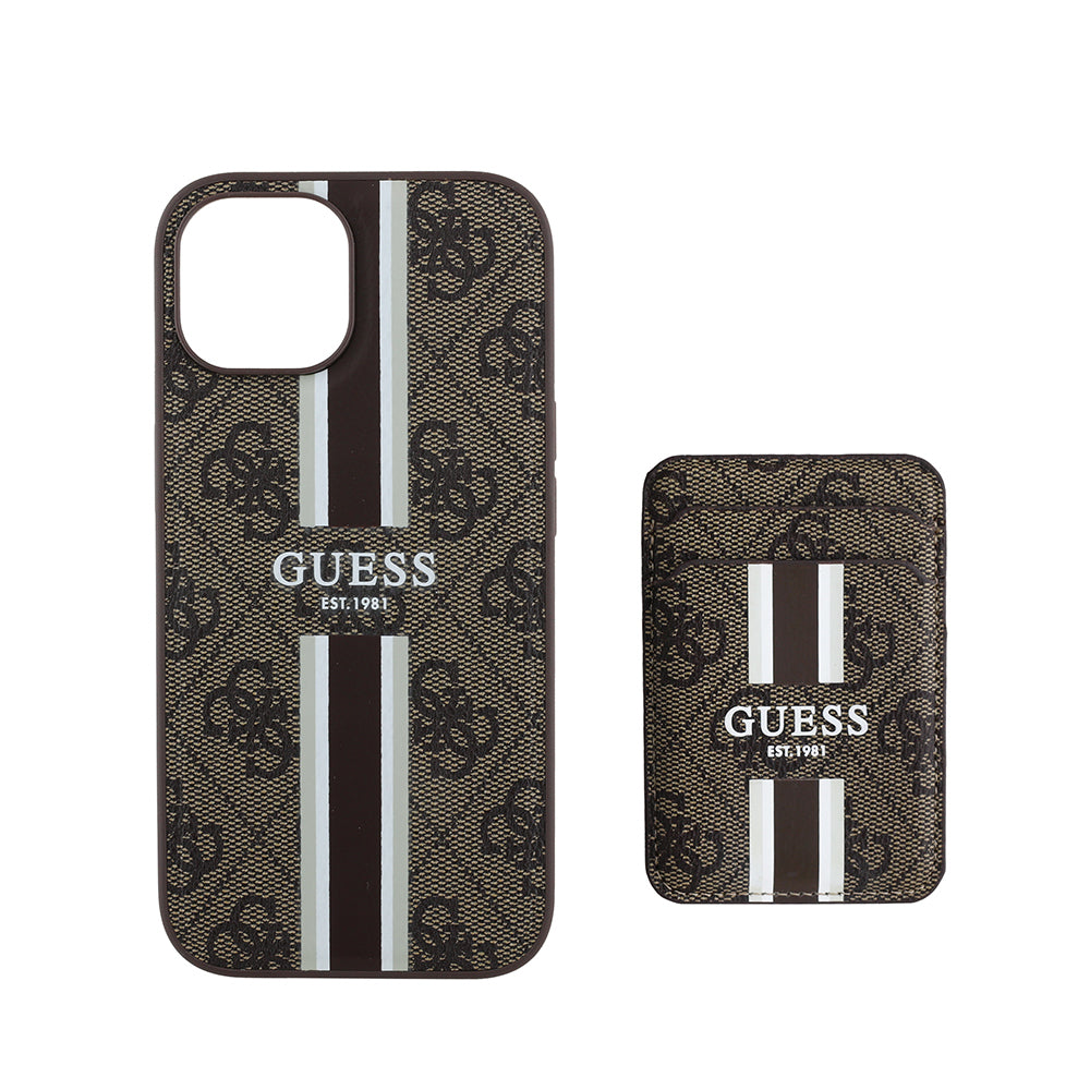 Apple iPhone 14 Kılıf Guess Orjinal Lisanslı M-safe Şarj Özellikli 4G Desenli Çizgili Kartlıklı Kapak Kahverengi