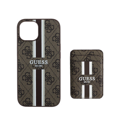 Apple iPhone 14 Kılıf Guess Orjinal Lisanslı M-safe Şarj Özellikli 4G Desenli Çizgili Kartlıklı Kapak Kahverengi