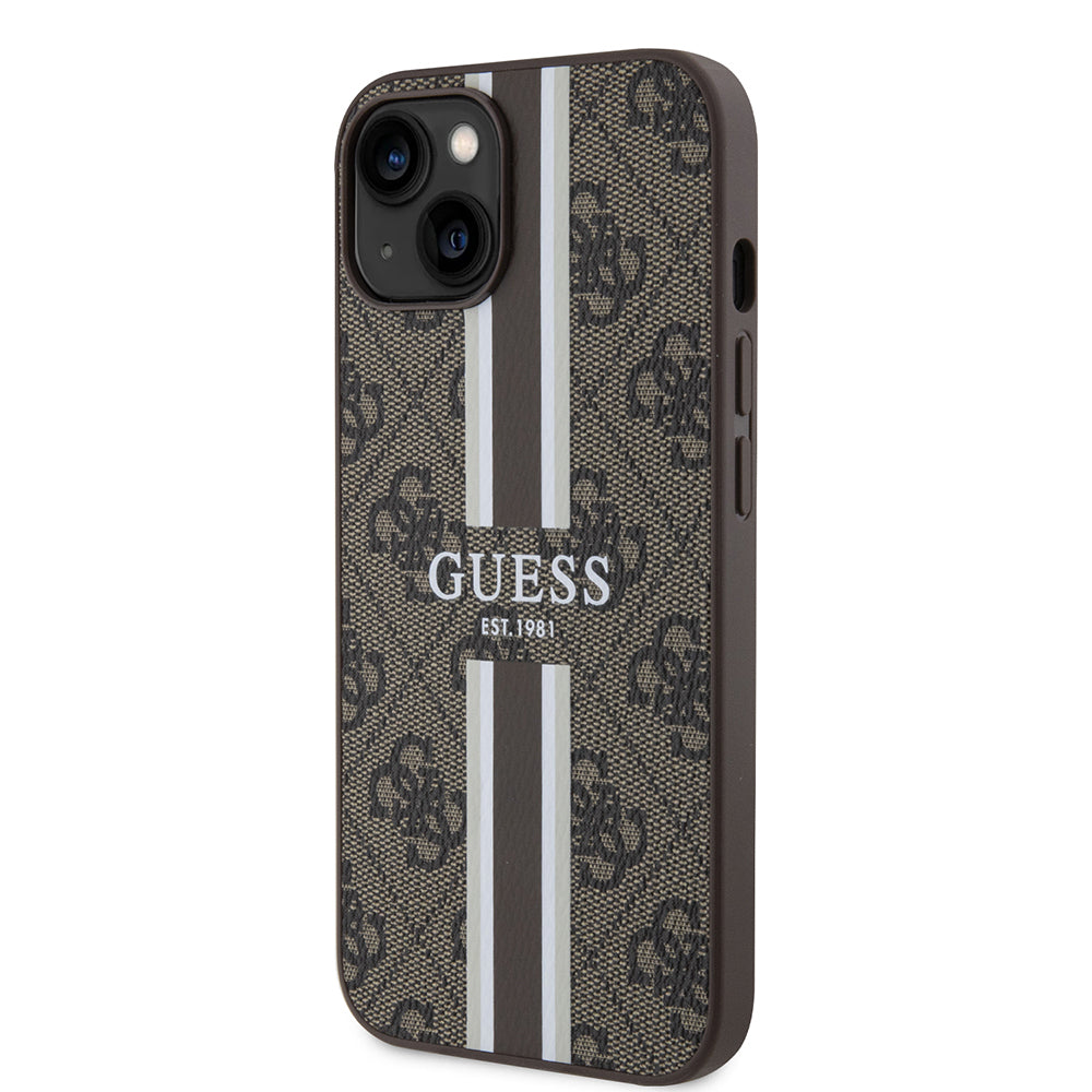 Apple iPhone 14 Kılıf Guess Orjinal Lisanslı Magsafe Şarj Özellikli 4G Şerit Tasarımlı Printed Kapak Pembe
