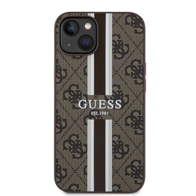 Apple iPhone 14 Kılıf Guess Orjinal Lisanslı Magsafe Şarj Özellikli 4G Şerit Tasarımlı Printed Kapak Kahverengi