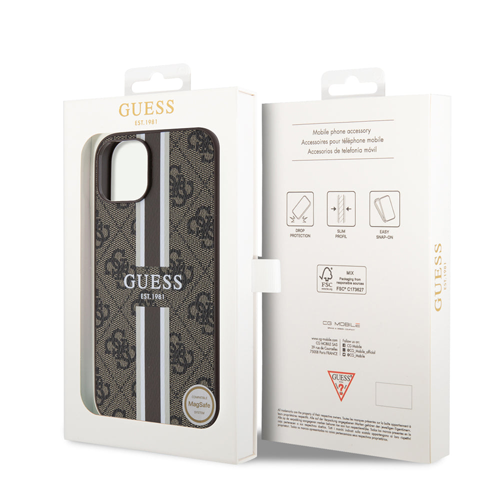 Apple iPhone 14 Kılıf Guess Orjinal Lisanslı Magsafe Şarj Özellikli 4G Şerit Tasarımlı Printed Kapak Pembe