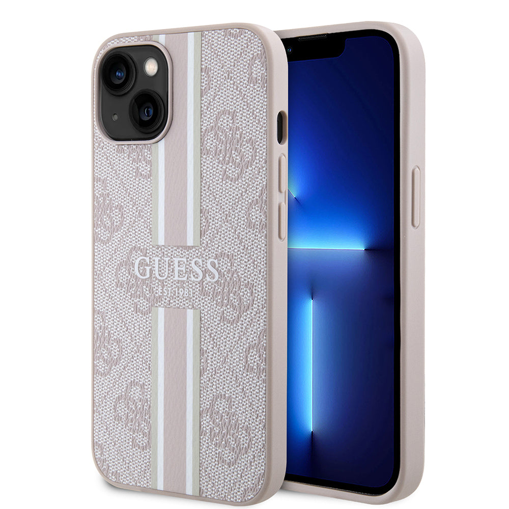 Apple iPhone 14 Kılıf Guess Orjinal Lisanslı Magsafe Şarj Özellikli 4G Şerit Tasarımlı Printed Kapak Kahverengi