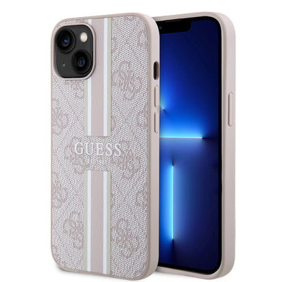 Apple iPhone 14 Kılıf Guess Orjinal Lisanslı Magsafe Şarj Özellikli 4G Şerit Tasarımlı Printed Kapak Kahverengi