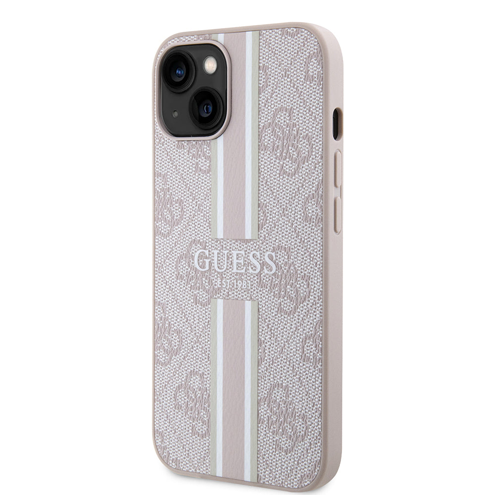 Apple iPhone 14 Kılıf Guess Orjinal Lisanslı Magsafe Şarj Özellikli 4G Şerit Tasarımlı Printed Kapak Pembe