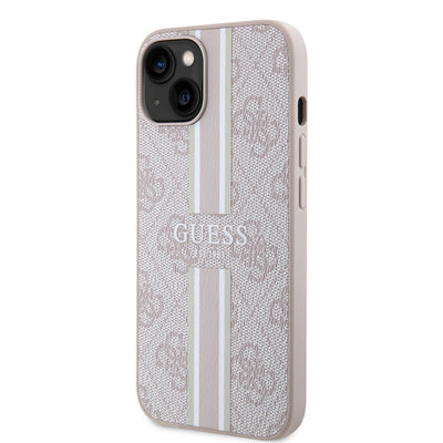 Apple iPhone 14 Kılıf Guess Orjinal Lisanslı Magsafe Şarj Özellikli 4G Şerit Tasarımlı Printed Kapak Pembe