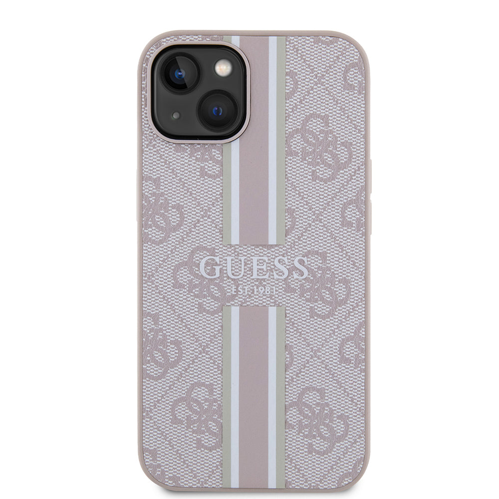 Apple iPhone 14 Kılıf Guess Orjinal Lisanslı Magsafe Şarj Özellikli 4G Şerit Tasarımlı Printed Kapak Kahverengi