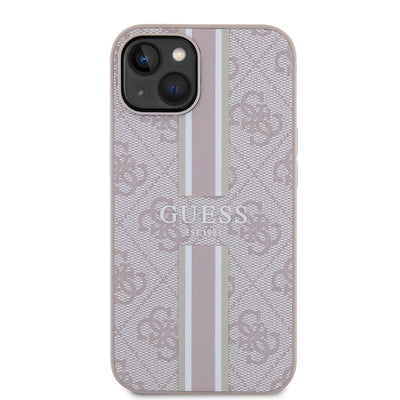Apple iPhone 14 Kılıf Guess Orjinal Lisanslı Magsafe Şarj Özellikli 4G Şerit Tasarımlı Printed Kapak Kahverengi