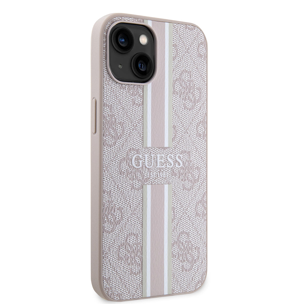 Apple iPhone 14 Kılıf Guess Orjinal Lisanslı Magsafe Şarj Özellikli 4G Şerit Tasarımlı Printed Kapak Pembe