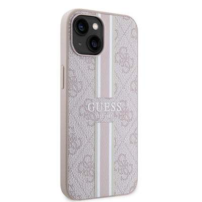 Apple iPhone 14 Kılıf Guess Orjinal Lisanslı Magsafe Şarj Özellikli 4G Şerit Tasarımlı Printed Kapak Pembe
