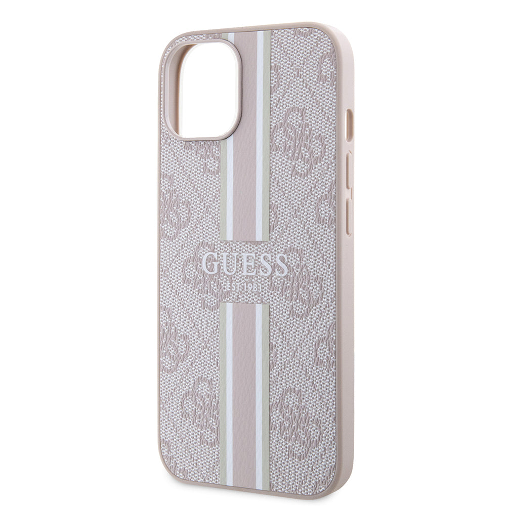 Apple iPhone 14 Kılıf Guess Orjinal Lisanslı Magsafe Şarj Özellikli 4G Şerit Tasarımlı Printed Kapak Pembe