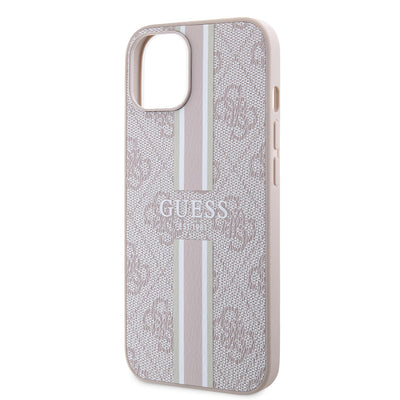 Apple iPhone 14 Kılıf Guess Orjinal Lisanslı Magsafe Şarj Özellikli 4G Şerit Tasarımlı Printed Kapak Pembe