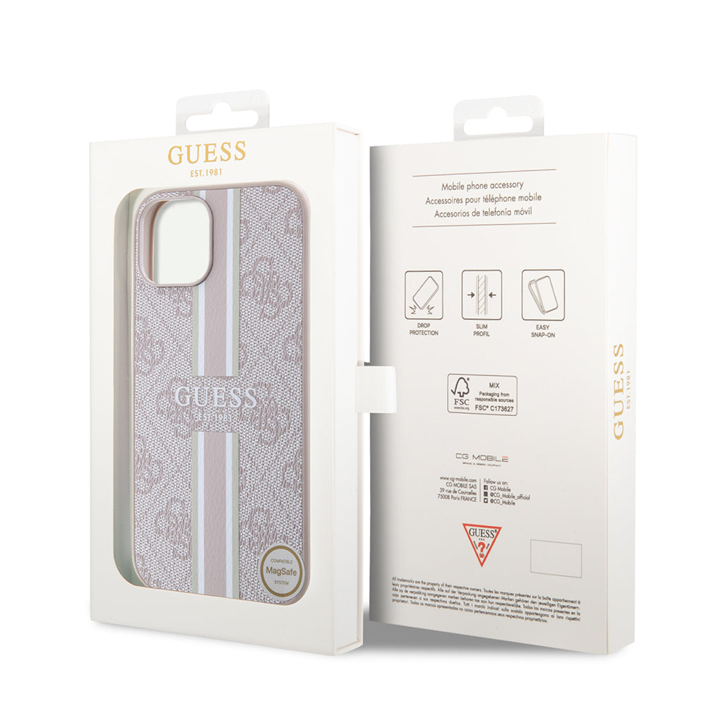Apple iPhone 14 Kılıf Guess Orjinal Lisanslı Magsafe Şarj Özellikli 4G Şerit Tasarımlı Printed Kapak Kahverengi