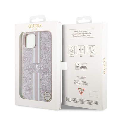 Apple iPhone 14 Kılıf Guess Orjinal Lisanslı Magsafe Şarj Özellikli 4G Şerit Tasarımlı Printed Kapak Kahverengi