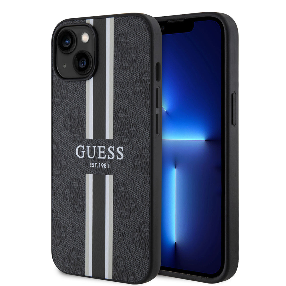 Apple iPhone 14 Kılıf Guess Orjinal Lisanslı Magsafe Şarj Özellikli 4G Şerit Tasarımlı Printed Kapak Kahverengi