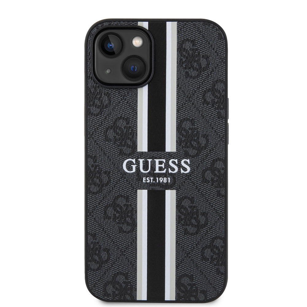 Apple iPhone 14 Kılıf Guess Orjinal Lisanslı Magsafe Şarj Özellikli 4G Şerit Tasarımlı Printed Kapak Kahverengi