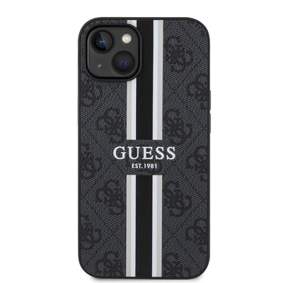 Apple iPhone 14 Kılıf Guess Orjinal Lisanslı Magsafe Şarj Özellikli 4G Şerit Tasarımlı Printed Kapak Kahverengi