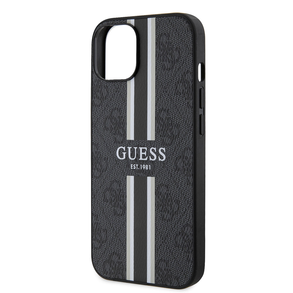 Apple iPhone 14 Kılıf Guess Orjinal Lisanslı Magsafe Şarj Özellikli 4G Şerit Tasarımlı Printed Kapak Kahverengi