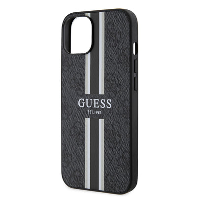 Apple iPhone 14 Kılıf Guess Orjinal Lisanslı Magsafe Şarj Özellikli 4G Şerit Tasarımlı Printed Kapak Kahverengi