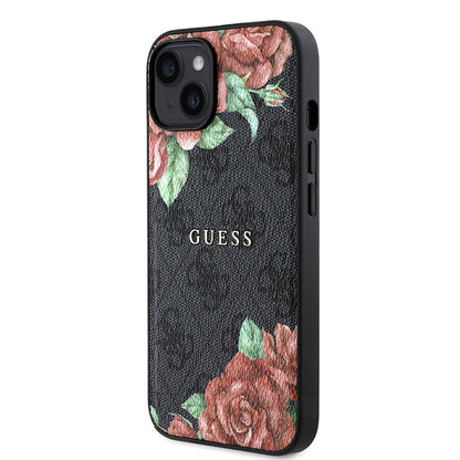iPhone 14 Kılıf Guess Orjinal Lisanslı M-safe Şarj Özellikli Gül Baskılı 4G Desenli Yazı Logolu Kılıf