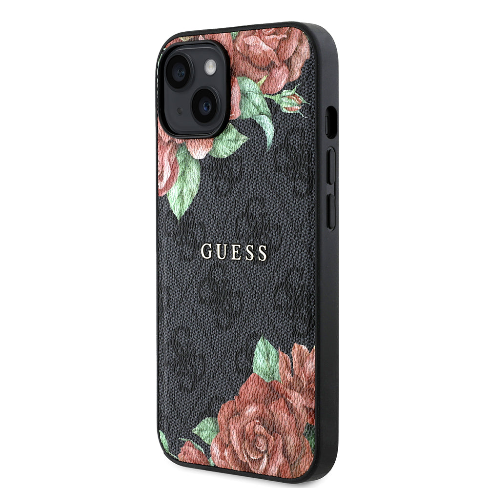Apple iPhone 14 Kılıf Guess Orjinal Lisanslı Magsafe Şarj Özellikli Gül Baskılı 4G Desenli Yazı Logolu Kapak Siyah