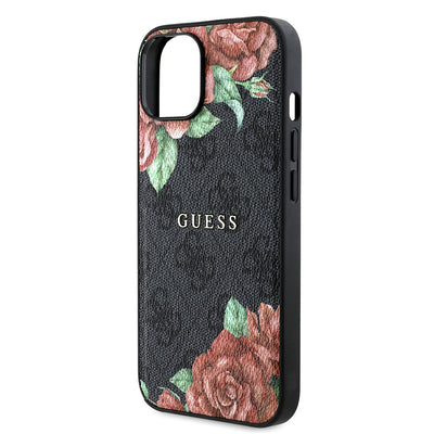 Apple iPhone 14 Kılıf Guess Orjinal Lisanslı Magsafe Şarj Özellikli Gül Baskılı 4G Desenli Yazı Logolu Kapak Siyah