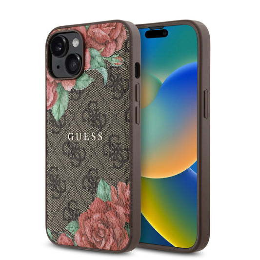 iPhone 14 Kılıf Guess Orjinal Lisanslı M-safe Şarj Özellikli Gül Baskılı 4G Desenli Yazı Logolu Kılıf