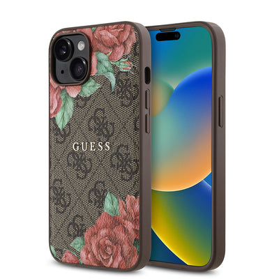 Apple iPhone 14 Kılıf Guess Orjinal Lisanslı Magsafe Şarj Özellikli Gül Baskılı 4G Desenli Yazı Logolu Kapak Siyah